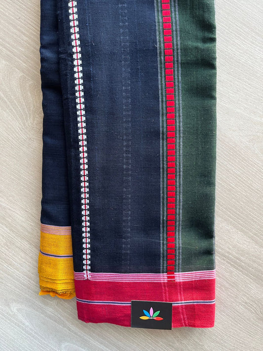 Midnight Navy Blue & Forest Green Handloom Bengal Soft Cotton Saree (Without blouse) -31107