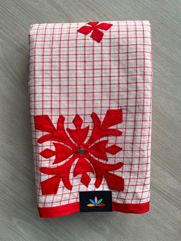 Appliqué work Checked Bengal Cotton Saree (Without blouse) - 34055