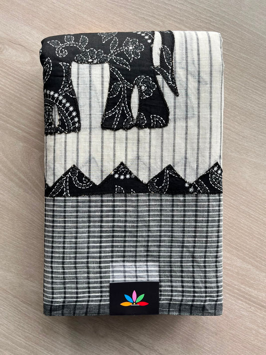 Appliqué work Checked Bengal Cotton Saree (Without blouse) - 34056-34057