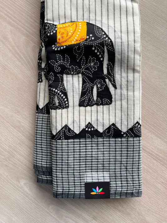Appliqué work Checked Bengal Cotton Saree (Without blouse) - 34056-34057