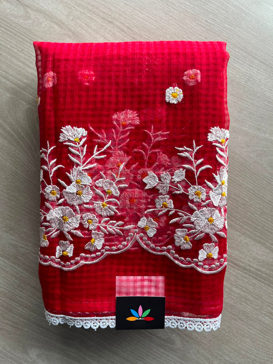 Embroidered Kota Checks Saree (Without blouse) - 34066