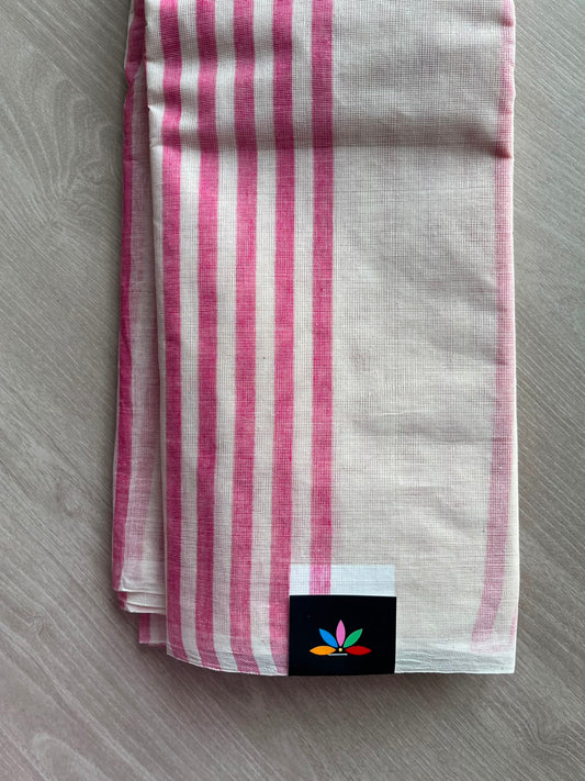Off-White & Pink Simple Striped Cotton Saree (Without Blouse) -36770-36771