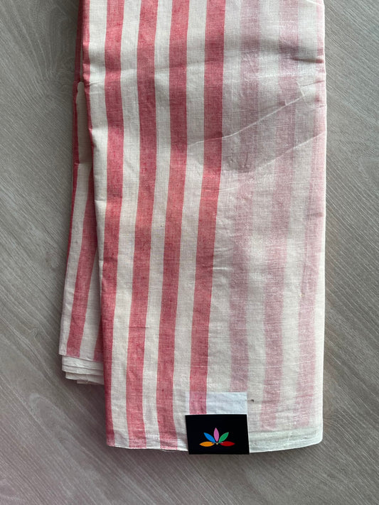 Off-White & Dusty Pink Simple Striped Cotton Saree (Without Blouse) -36778-36779