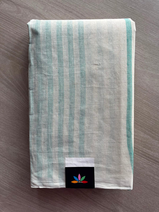 Off-White & Light Turquoise Simple Striped Cotton Saree (Without Blouse) -36776-36777