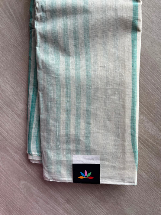 Off-White & Light Turquoise Simple Striped Cotton Saree (Without Blouse) -36776-36777