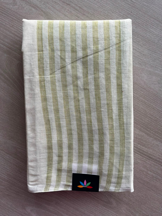Off-White & Dusty Olive Green Simple Striped Cotton Saree (Without Blouse) - 36772-36773