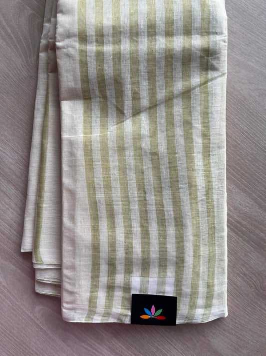 Off-White & Dusty Olive Green Simple Striped Cotton Saree (Without Blouse) - 36772-36773