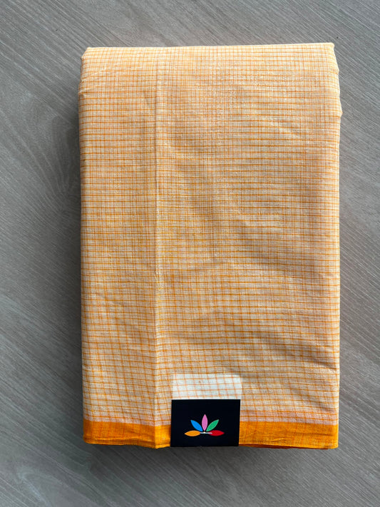 Light Orange Small Checked Cotton Starched Saree (Without Blouse)- 36378-36382