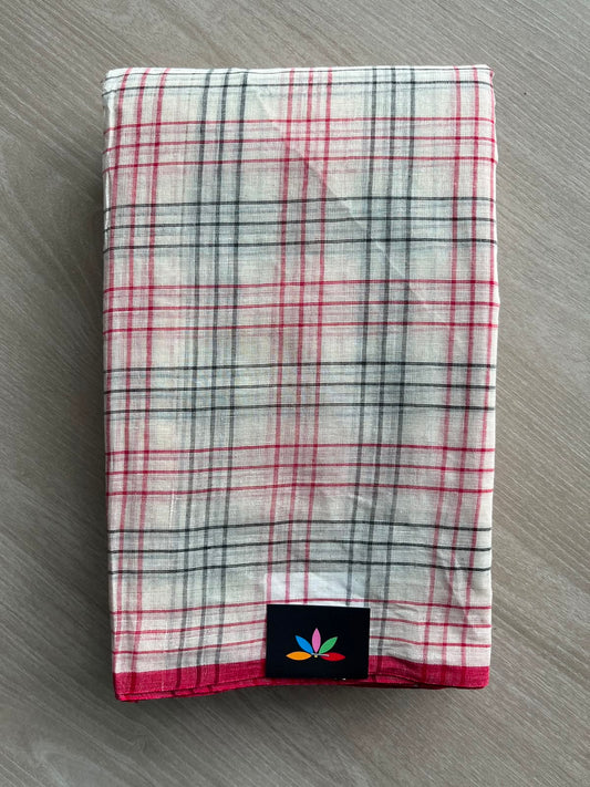 Off-White Simple Checked Handloom Cotton Saree (Without Blouse) - 36281-36282