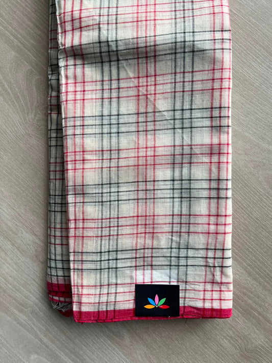 Off-White Simple Checked Handloom Cotton Saree (Without Blouse) - 36281-36282
