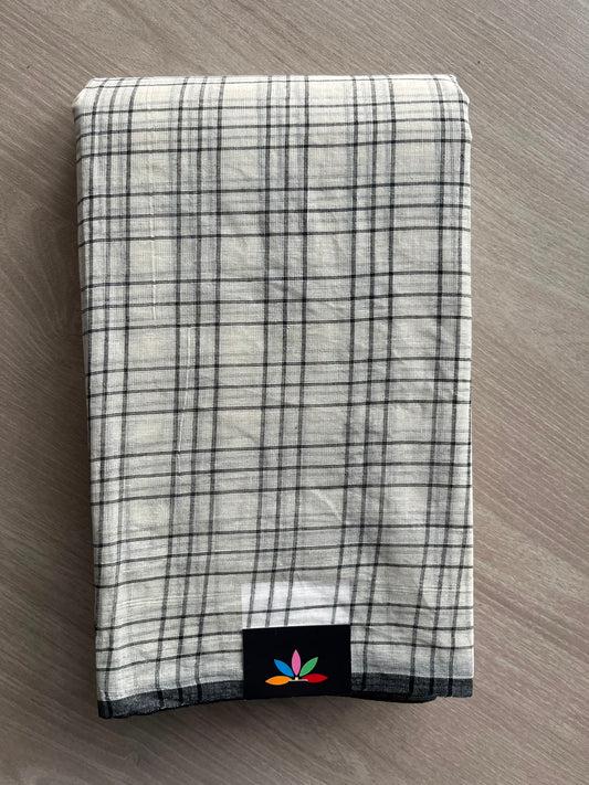 Off-White Simple Checked Handloom Cotton Saree (Without Blouse) - 36283-36284