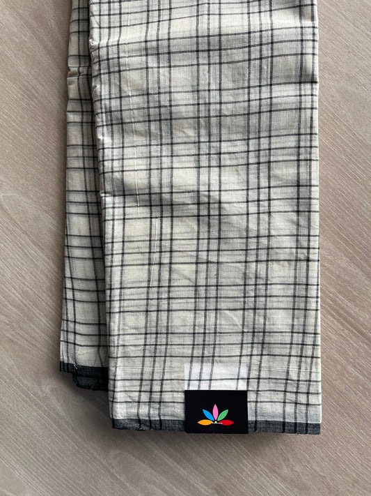 Off-White Simple Checked Handloom Cotton Saree (Without Blouse) - 36283-36284