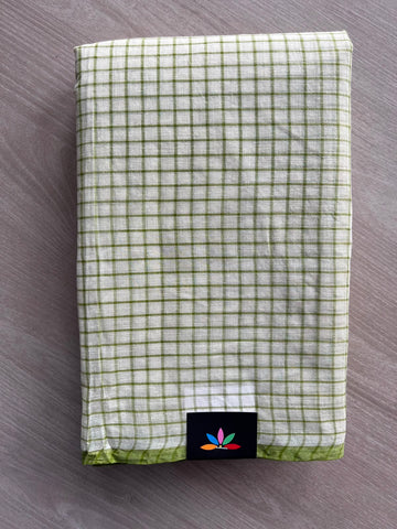 White & Olive Green Checked Handloom Starched Cotton Saree (Without blouse) -34282-34284
