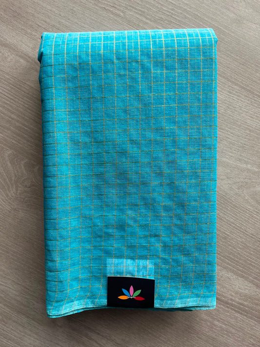 Aqua Blue Simple Zari Checks Cotton Starched Saree (Without blouse) - 34317-34318