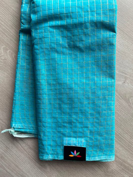 Aqua Blue Simple Zari Checks Cotton Starched Saree (Without blouse) - 34317-34318