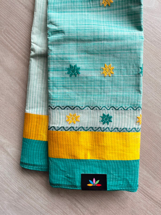 Misty Aqua Handloom Heavy Starched Bengal Cotton Tant Saree (Without Blouse) - 35004