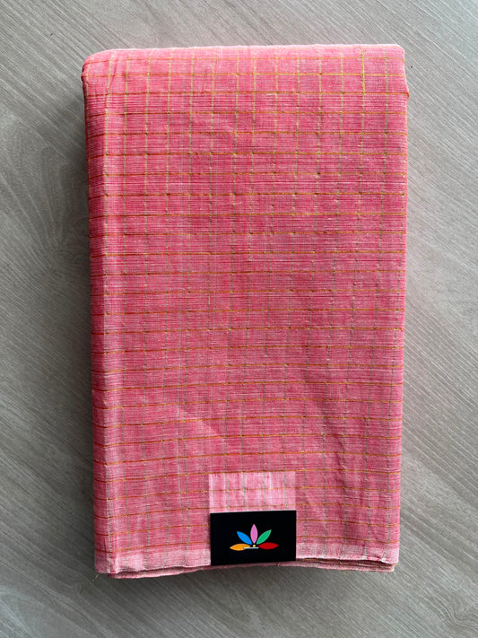 Soft Red Simple Zari Checks Cotton Starched Saree (Without blouse) - 35010