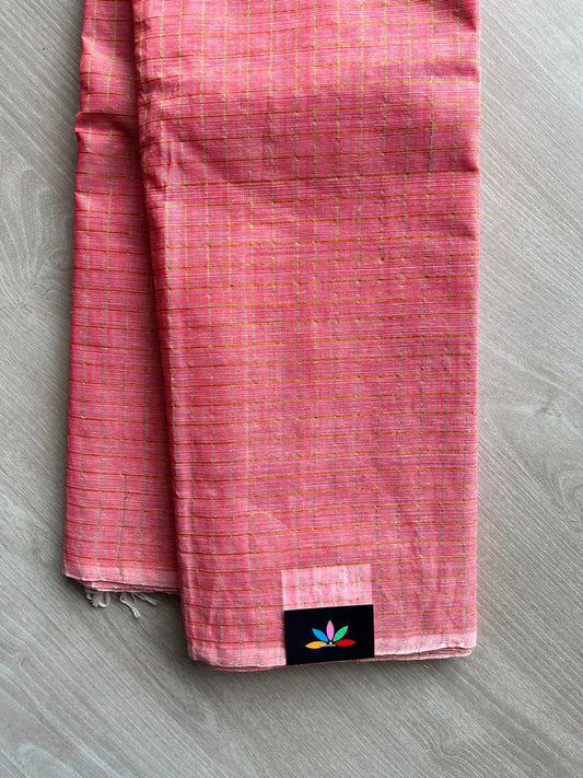 Soft Red Simple Zari Checks Cotton Starched Saree (Without blouse) - 35010