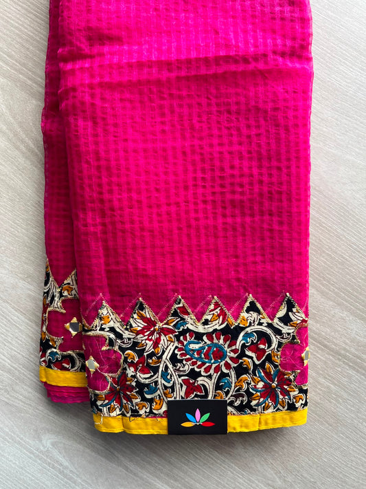 Deep Pink Appliqué work Bengal Cotton Saree (Without blouse) - 35015