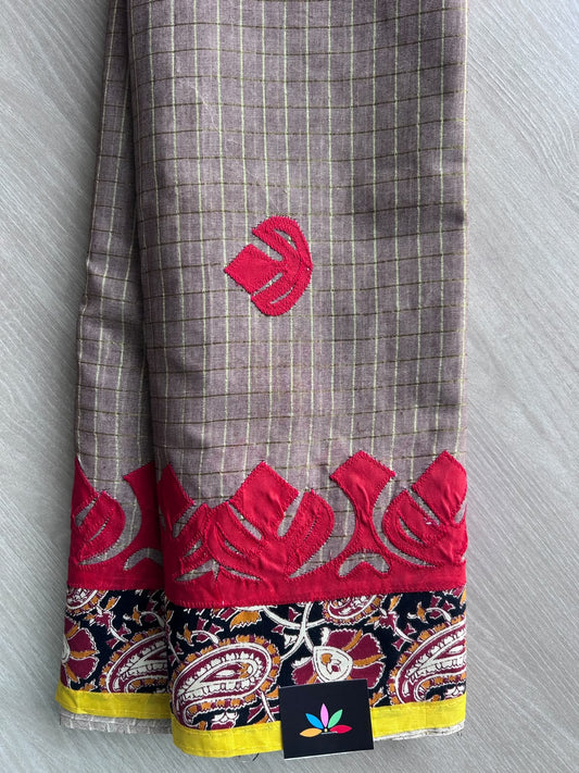 Mauve Grey Appliqué work Bengal Cotton Saree (Without blouse) - 36293