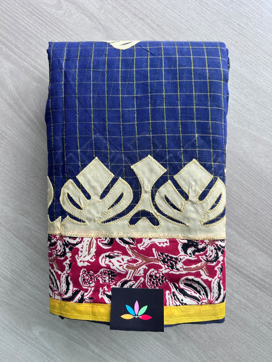 Navy-blue Appliqué work Bengal Cotton Saree (Without blouse) - 36294