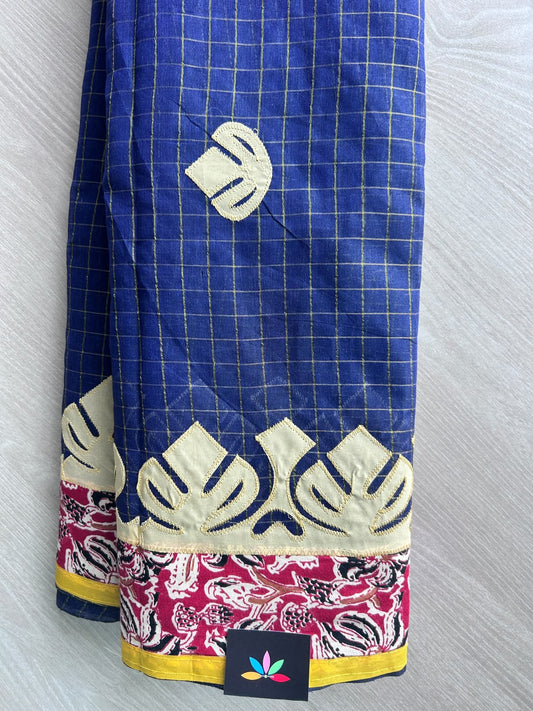 Navy-blue Appliqué work Bengal Cotton Saree (Without blouse) - 36294