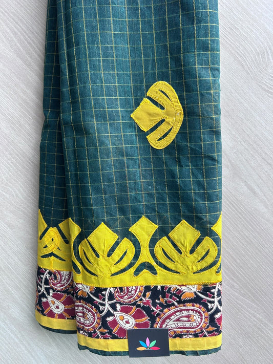 Pine Green Appliqué work Bengal Cotton Saree (Without blouse) - 36295