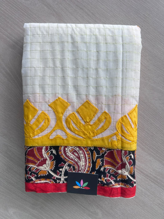 White Appliqué work Bengal Cotton Saree (Without blouse) - 36298