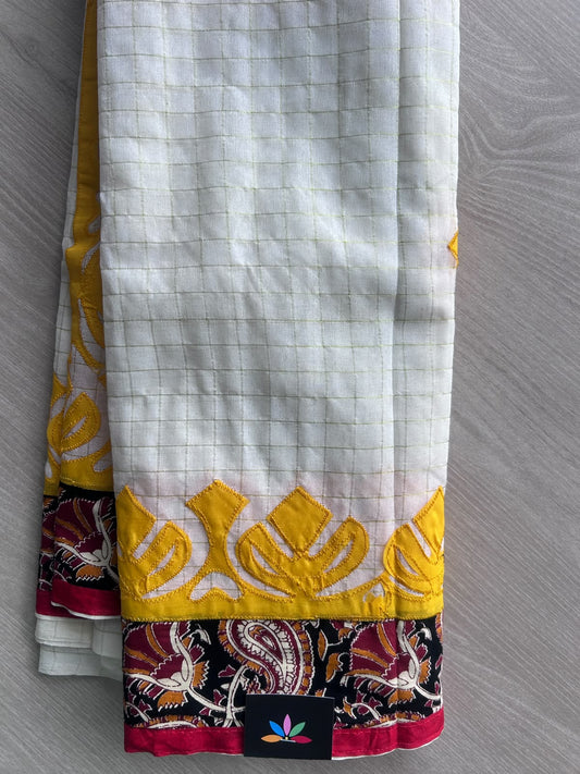 White Appliqué work Bengal Cotton Saree (Without blouse) - 36298