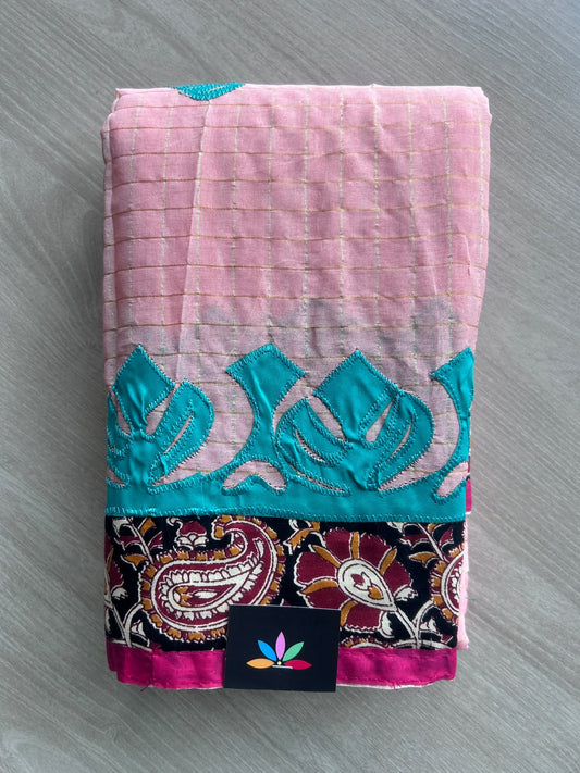 Pastel Pink Appliqué work Bengal Cotton Saree (Without blouse) - 36299