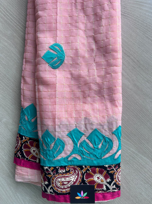 Pastel Pink Appliqué work Bengal Cotton Saree (Without blouse) - 36299