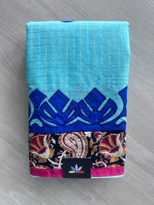 Sky-blue Appliqué work Bengal Cotton Saree (Without blouse) - 36301