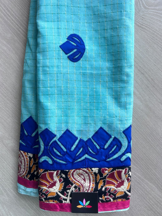 Sky-blue Appliqué work Bengal Cotton Saree (Without blouse) - 36301