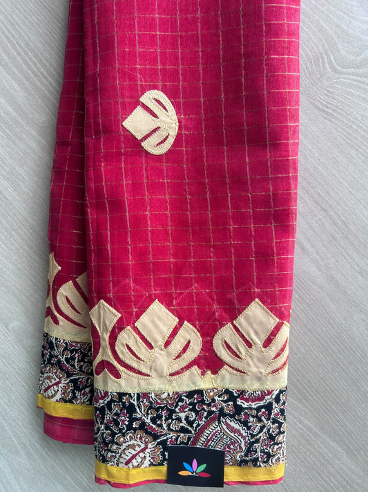 Ruby Red Appliqué work Bengal Cotton Saree (Without blouse) - 36302