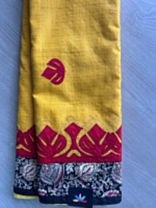 Saffron Yellow Appliqué work Bengal Cotton Saree (Without blouse) - 36303