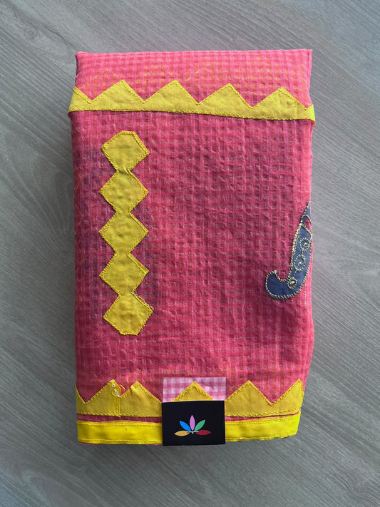 Watermelon Pink Appliqué work Kota Checks Saree (Without blouse) - 36315