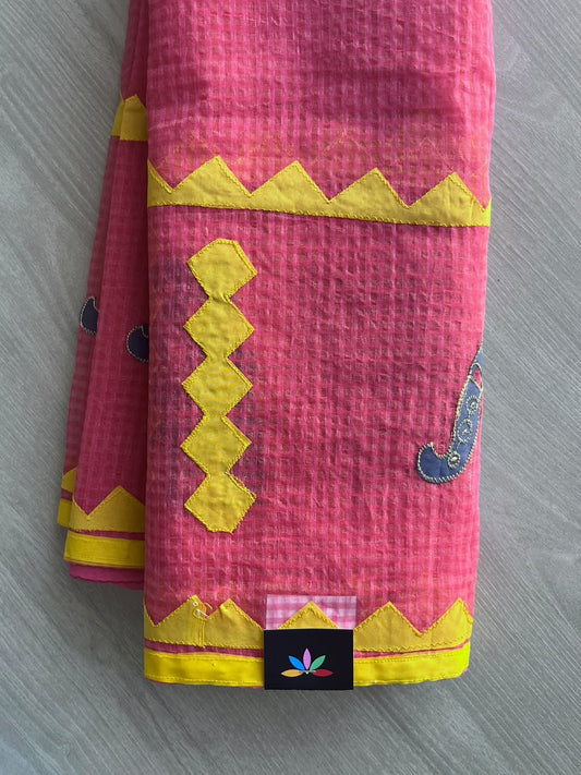 Watermelon Pink Appliqué work Kota Checks Saree (Without blouse) - 36315