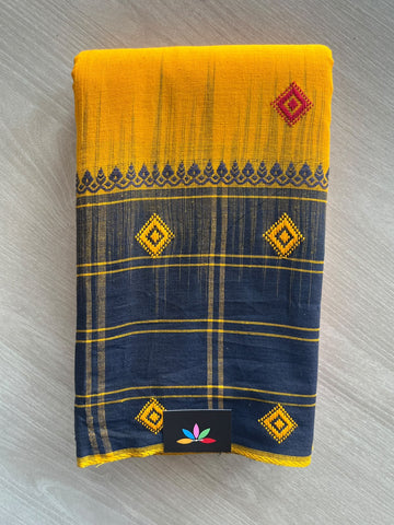 Neon Orange & Dark Blue Bengal Soft Cotton Saree (Without Blouse) - 36320