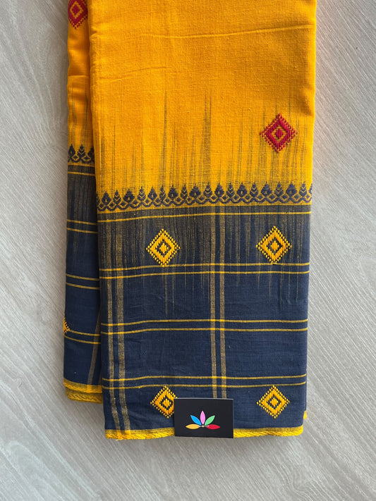 Neon Orange & Dark Blue Bengal Soft Cotton Saree (Without Blouse) - 36320