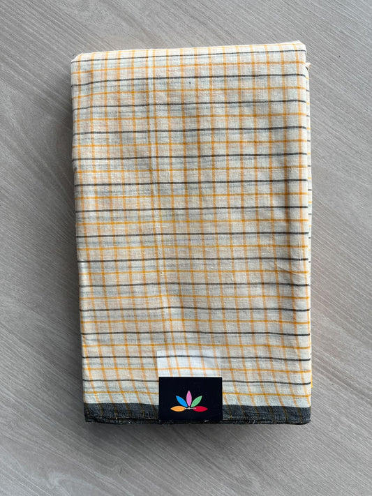 White & Olive Green Checked Handloom Starched Cotton Saree (Without blouse) -36338-36339