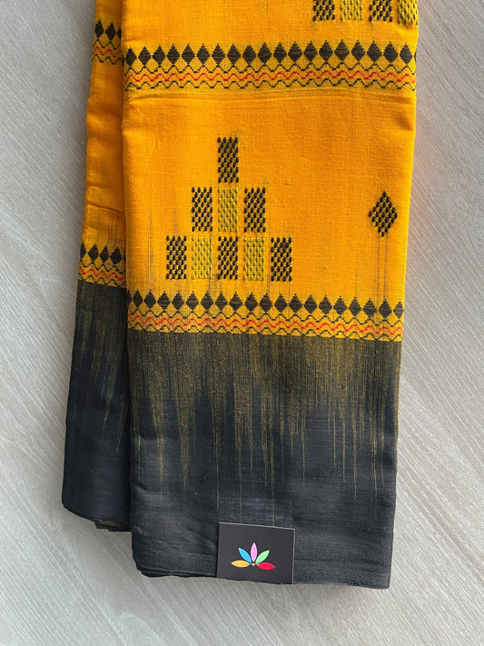 Neon Orange & Black Bengal Soft Cotton Saree (Without Blouse) - 36340