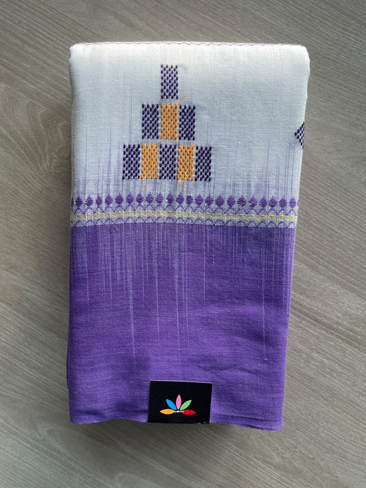 White & Purple Bengal Soft Cotton Saree (Without Blouse) - 36341