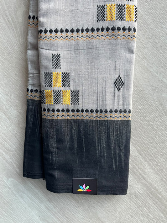 Light Grey & Black Bengal Soft Cotton Saree (Without Blouse) - 36342