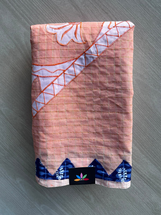 Apricot Orange Fish Appliqué work Cotton Saree (Without blouse) - 36346