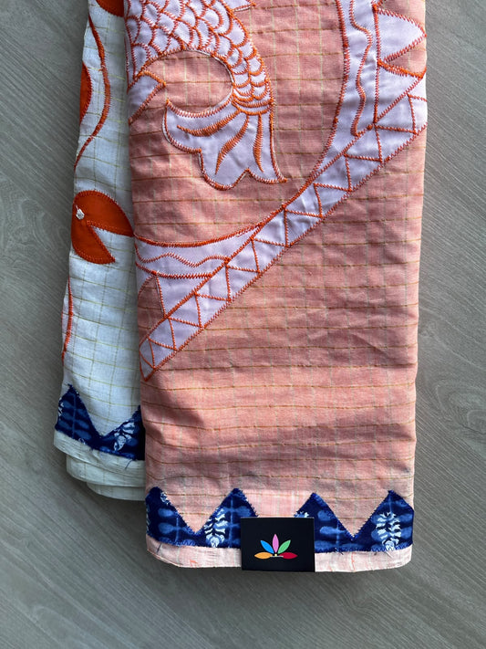 Apricot Orange Fish Appliqué work Cotton Saree (Without blouse) - 36346