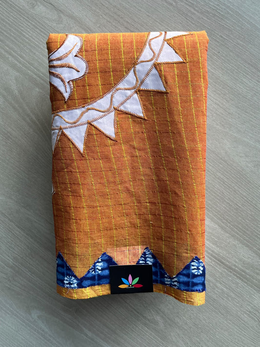 Rustic Orange Fish Appliqué work Cotton Saree (Without blouse) - 36348