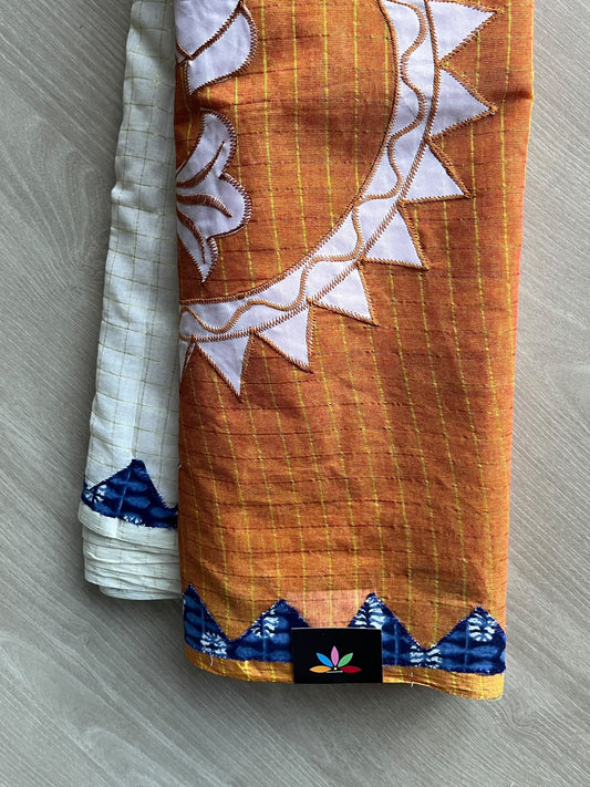 Rustic Orange Fish Appliqué work Cotton Saree (Without blouse) - 36348