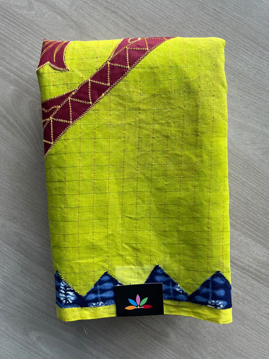 Pear Green Fish Appliqué work Cotton Saree (Without blouse) - 36349