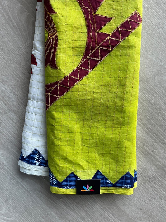 Pear Green Fish Appliqué work Cotton Saree (Without blouse) - 36349