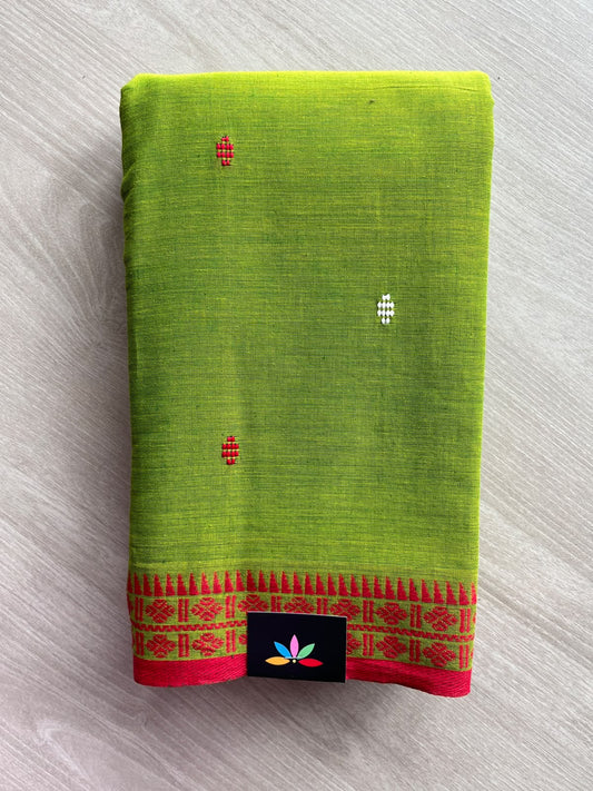 Vivid Lime Green Bengal Soft Cotton Saree (Without Blouse) - 36416